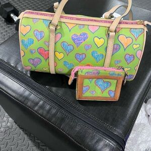 Vintage Dooney and Bourke green rainbow scribble hearts barrel purse